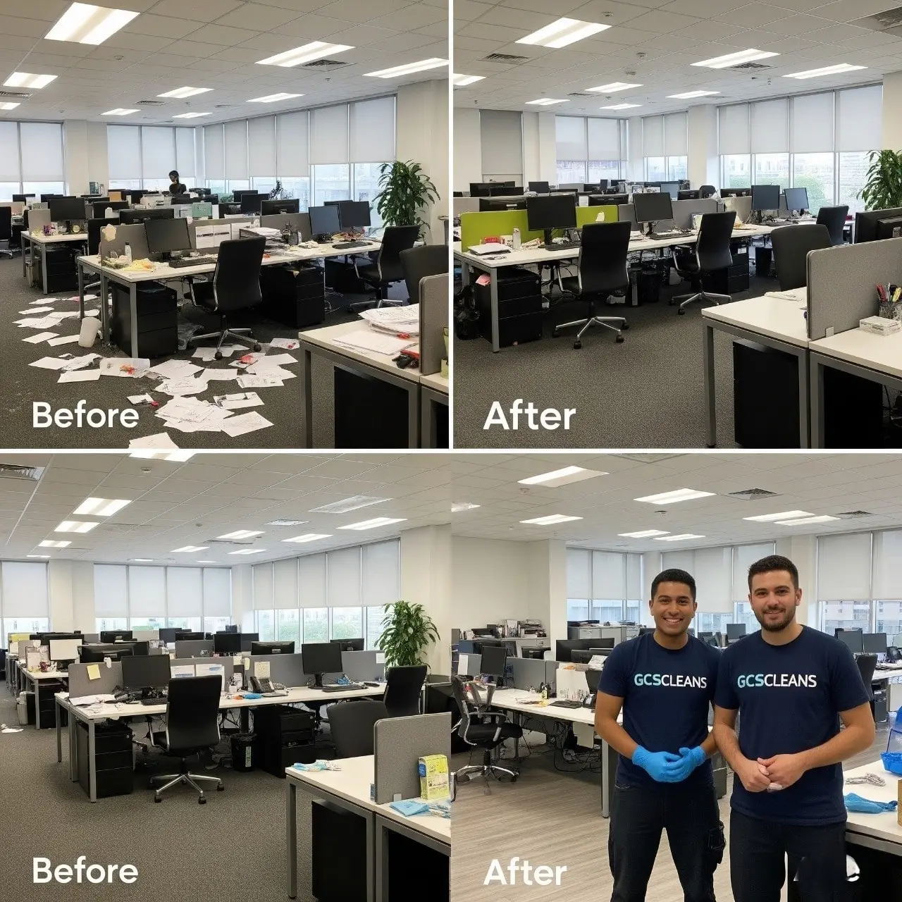 A Before and after comparison showing a messy office transformed into a clean workspace