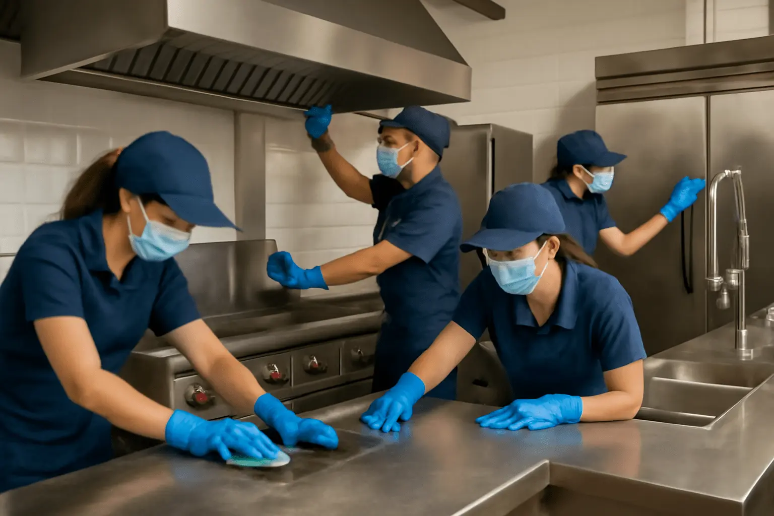 A Columbia Kitchen Cleaning team scrubbing kitchen appliances in a commercial kitchen