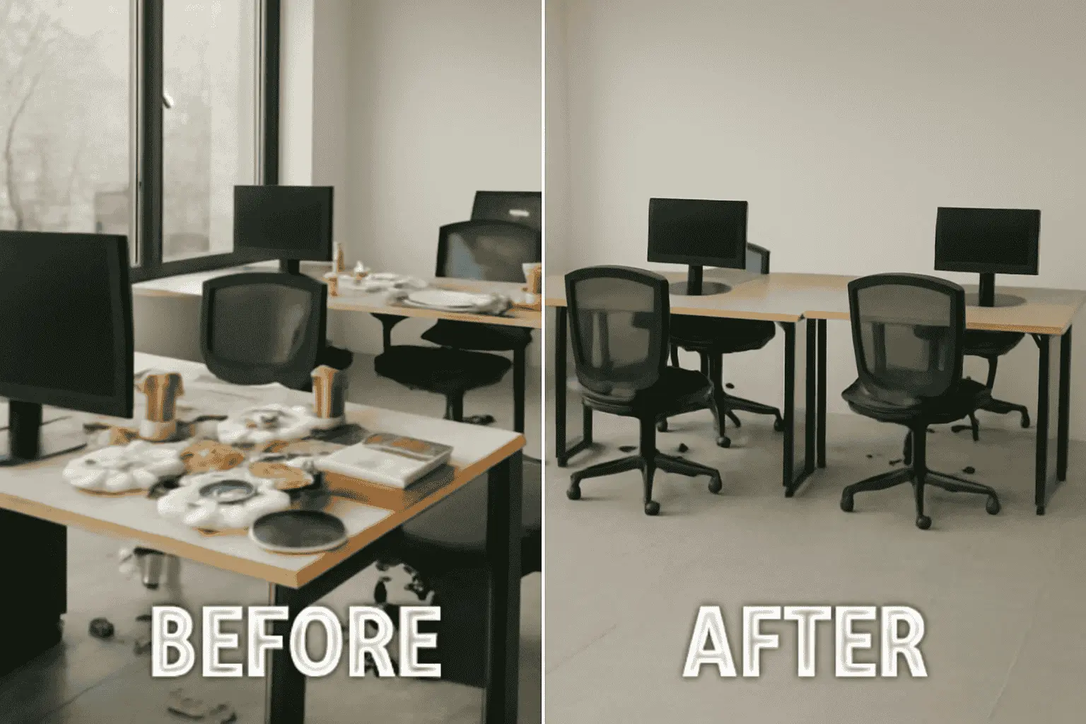 A Commercial Office Cleaning Services Columbia SC Before and after images showing a cluttered office transformed into a clean, organized workspace