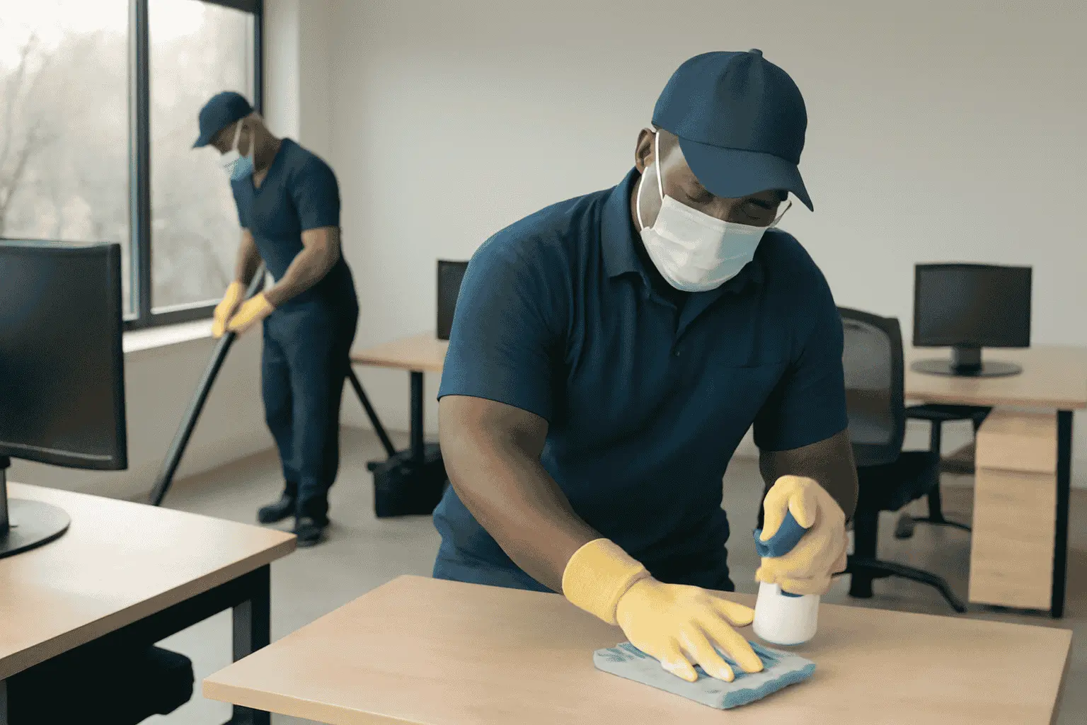 A Commercial Office Cleaning Services Columbia SC team tidying up an office space, cleaning desks, floors, and windows