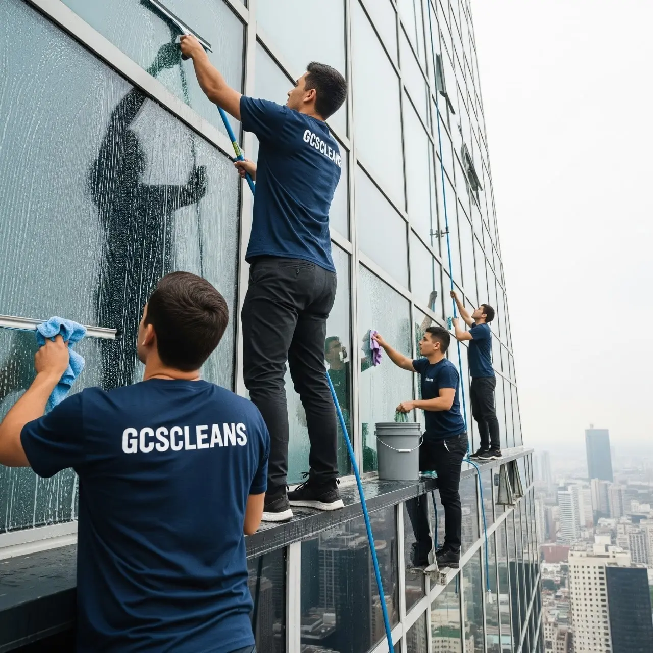 A Professional window glass cleaning services Lexington SC cleaners team working on the exterior windows of a building