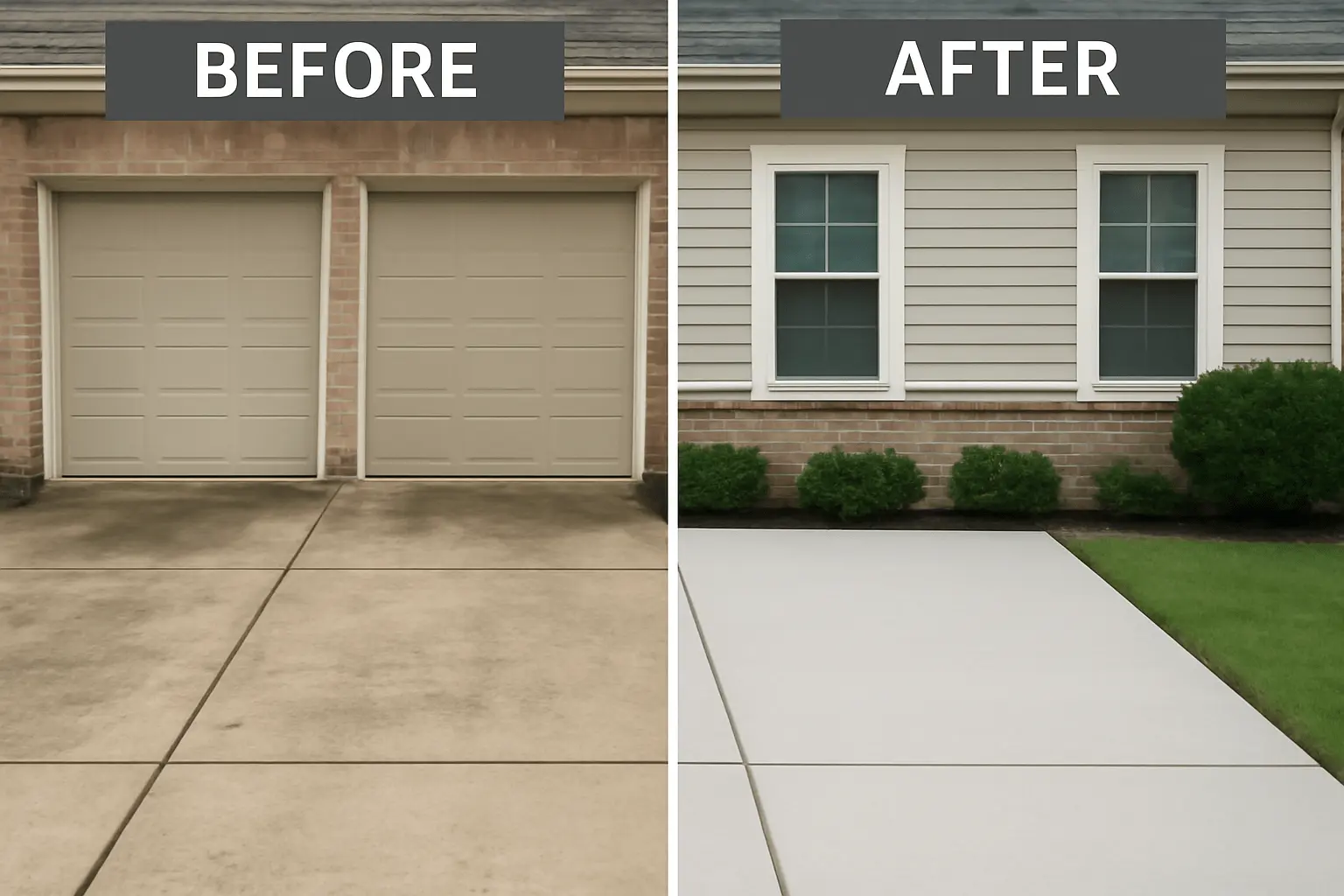 A before and after image showing the improvement in the cleanliness of a driveway or home exterior after pressure washing