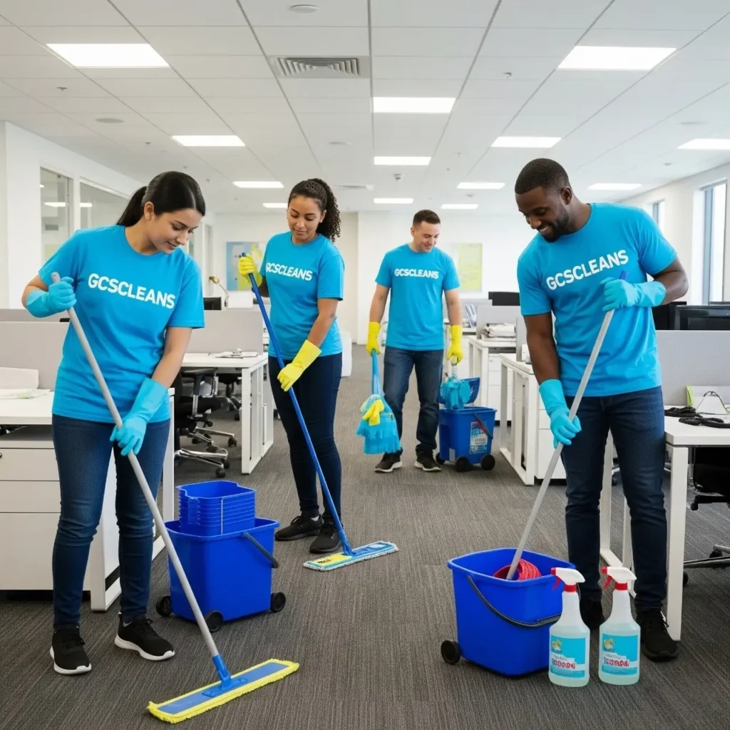 A commercial Lexington Office Cleaning Services cleaners team crew working in a corporate office space