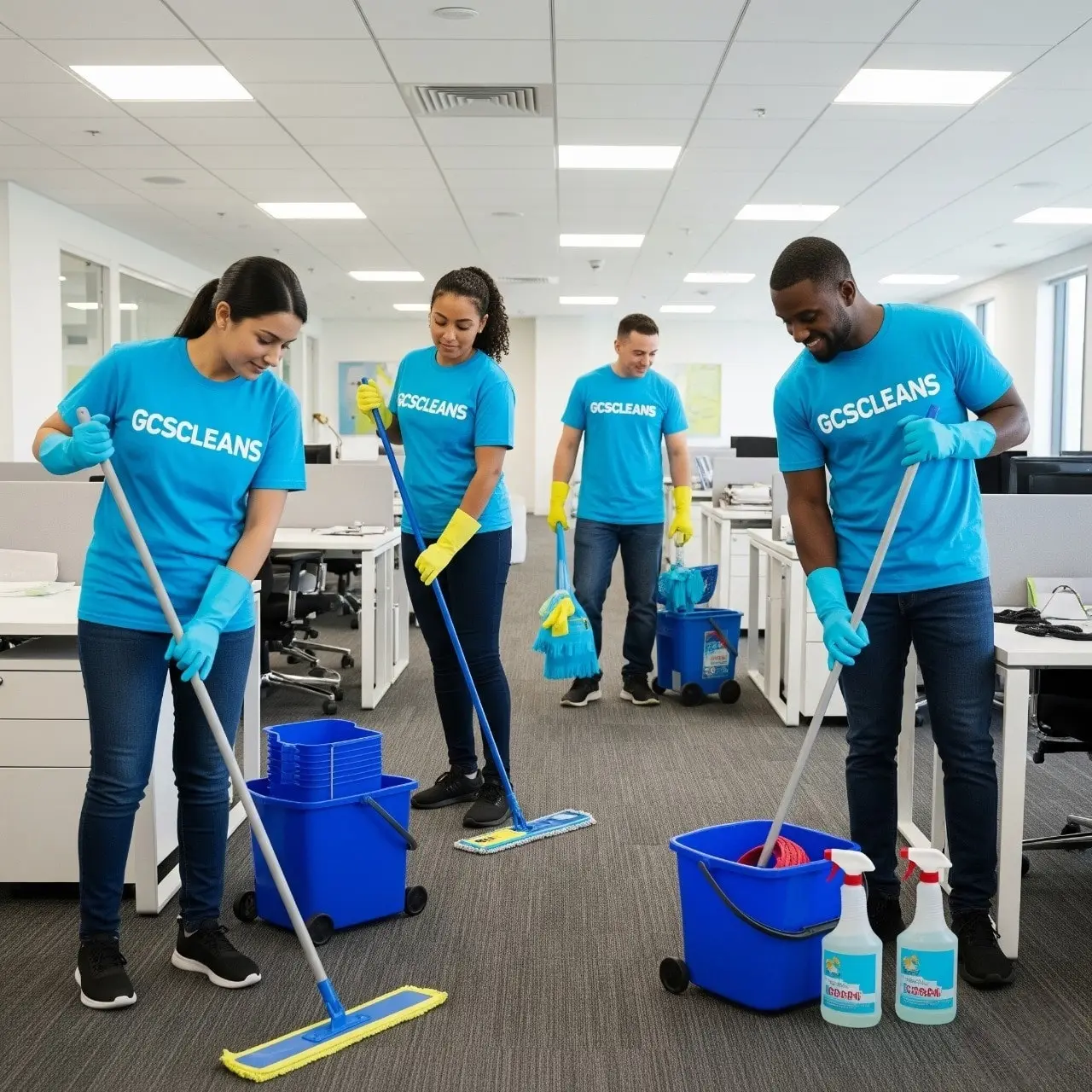 A commercial Lexington Office Cleaning Services cleaners team crew working in a corporate office space