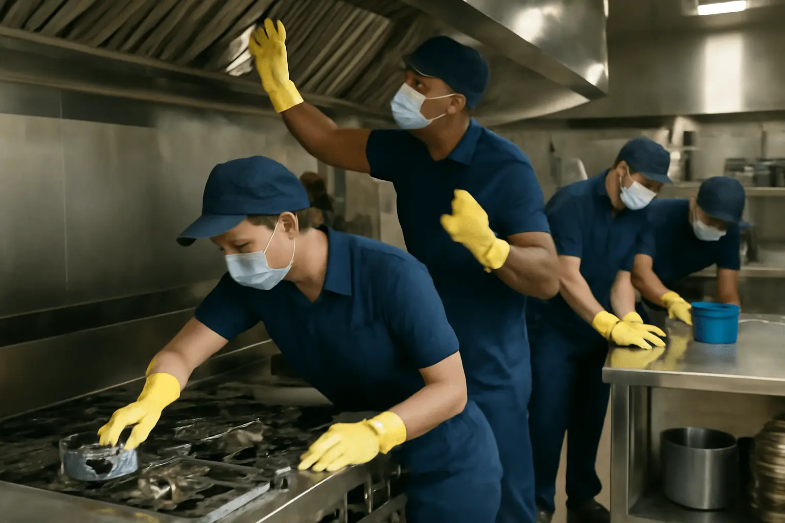A commercial kitchen cleaning services Columbia SC team cleaning kitchen equipment in a commercial kitchen
