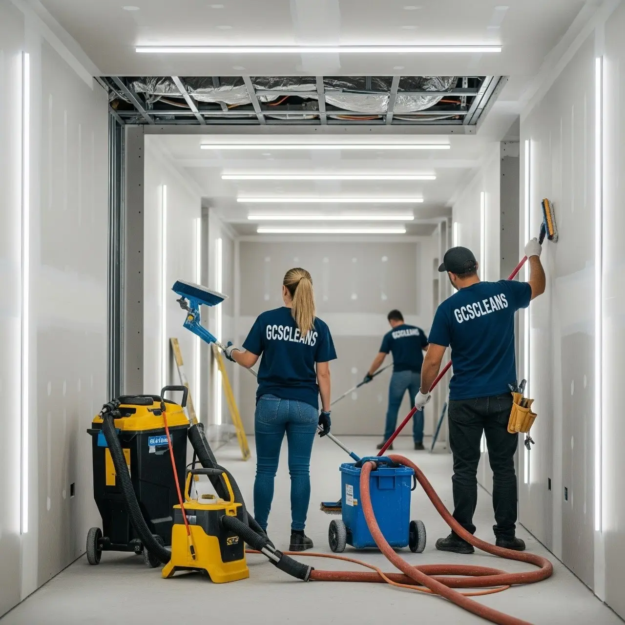 A commercial post construction cleaning services Lexington SC cleaning team working in a newly built or renovated space, clearing construction debris