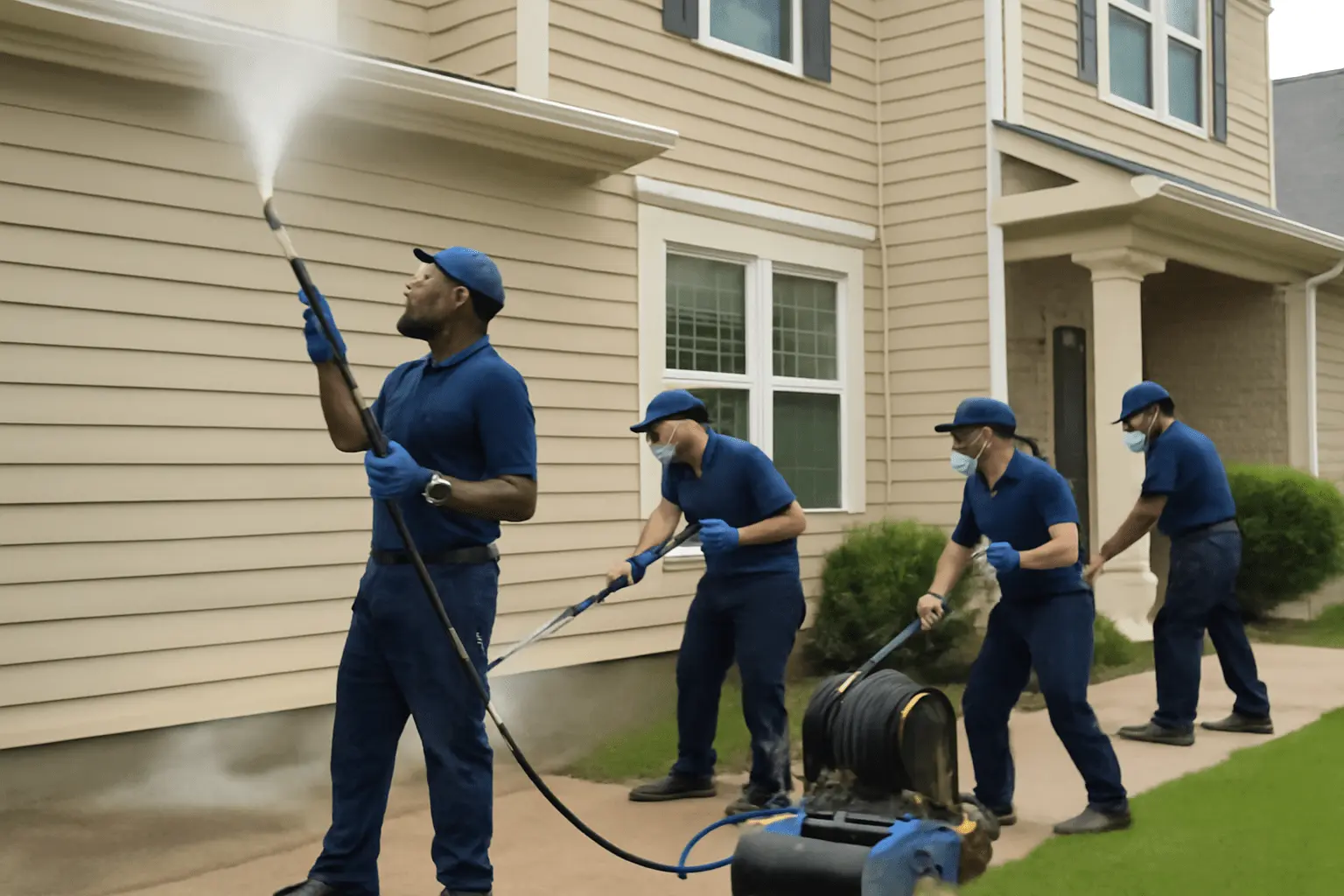 A pressure washing Columbia SC team cleaning a commercial building or residential home