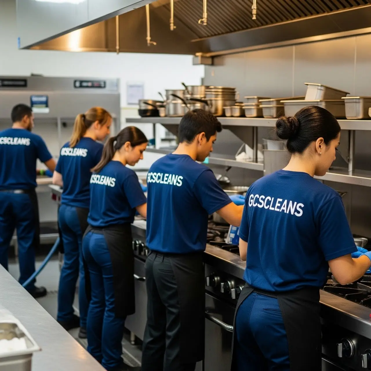 A professional Kitchen Cleaning Services Lexington team working in a commercial kitchen, cleaning the stove or hood