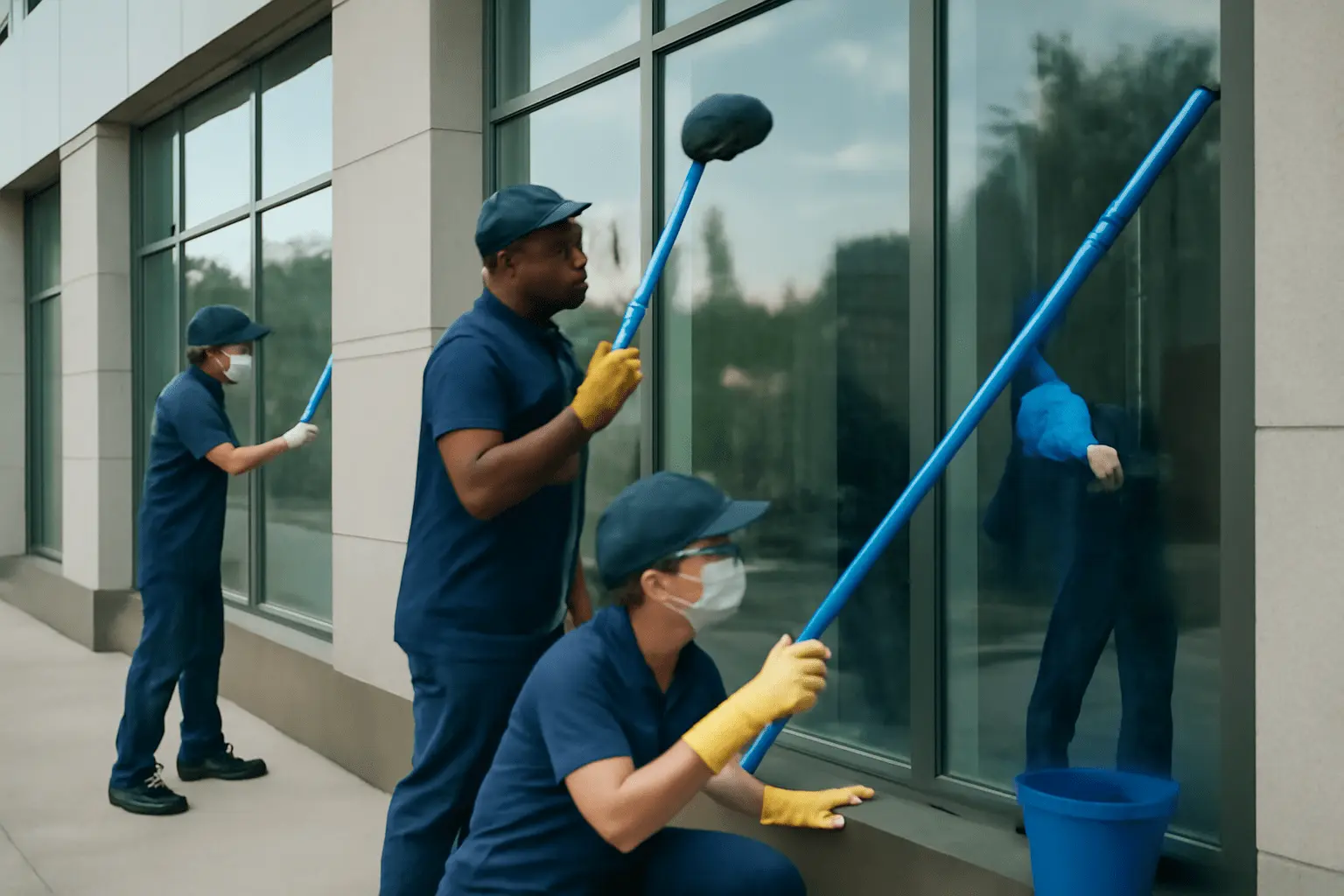 A professional Window Glass Cleaning Services Columbia SC team cleaning exterior windows of a commercial building