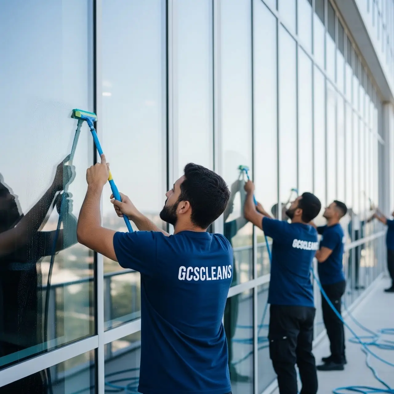 A professional Window Glass Cleaning Services Lexington SC cleaner washing the windows of a house or office building