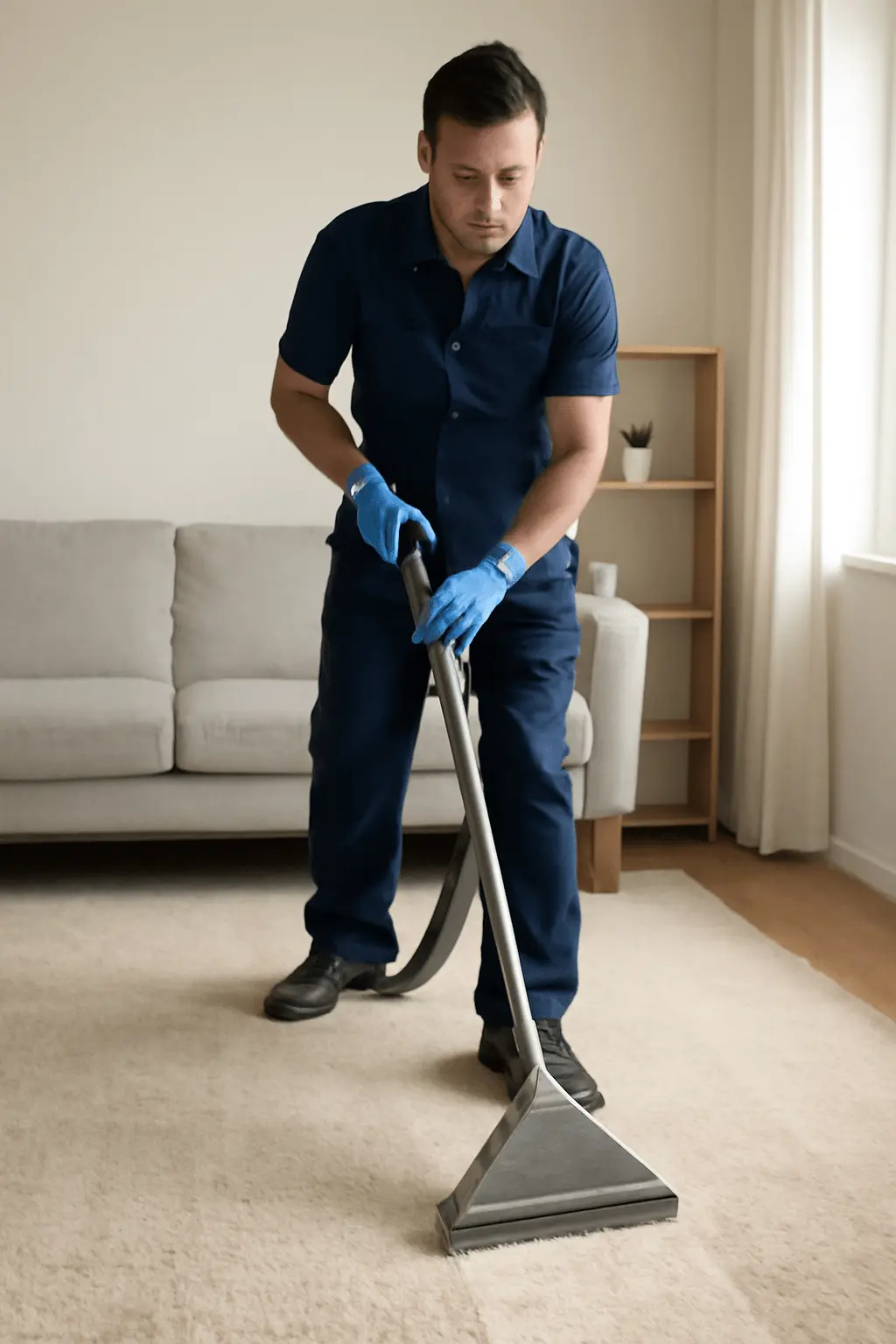 A professional carpet cleaning Columbia SC technician working on a carpet with a vacuum cleaner
