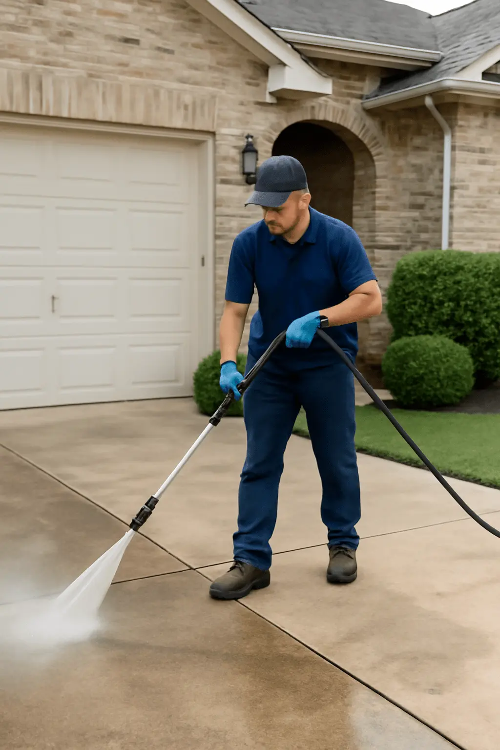A professional cleaner using a pressure washer on a driveway or house exterior