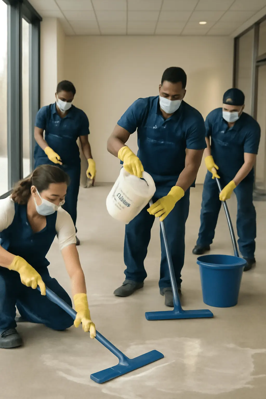 A professional floor stripping and waxing services Columbia SC team applying wax to a freshly stripped floor in an office or commercial building