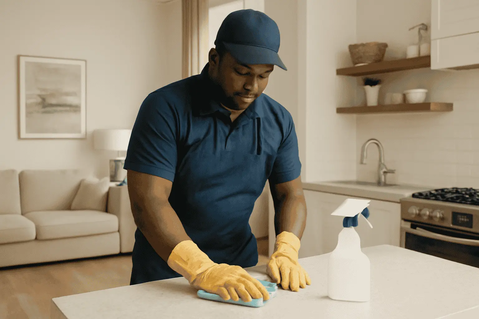 A professional house cleaning services Columbia SC cleaner working in a living room or kitchen in a residential setting