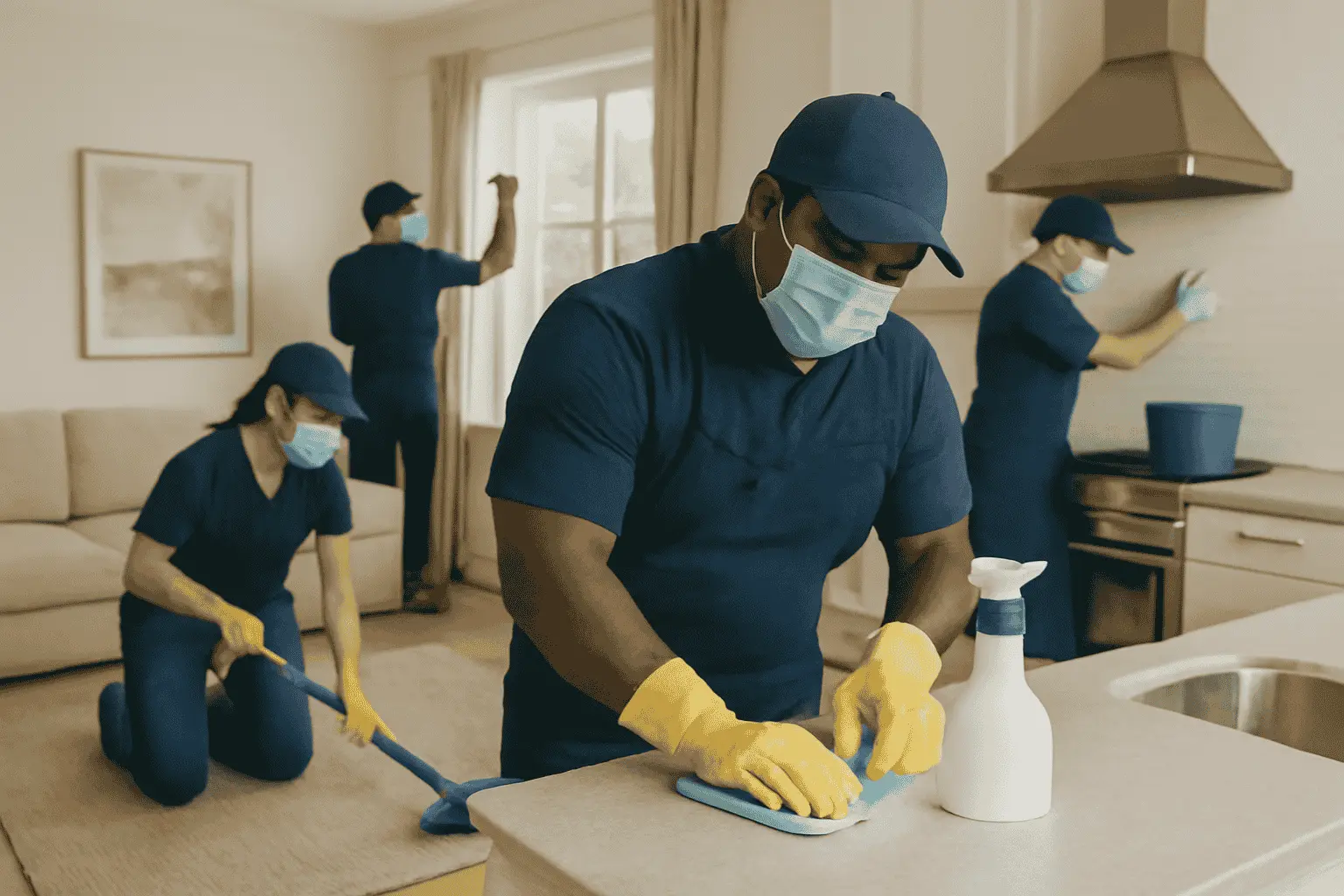 A team of professional Columbia house cleaners working in a home cleaning various spaces like the kitchen and living room