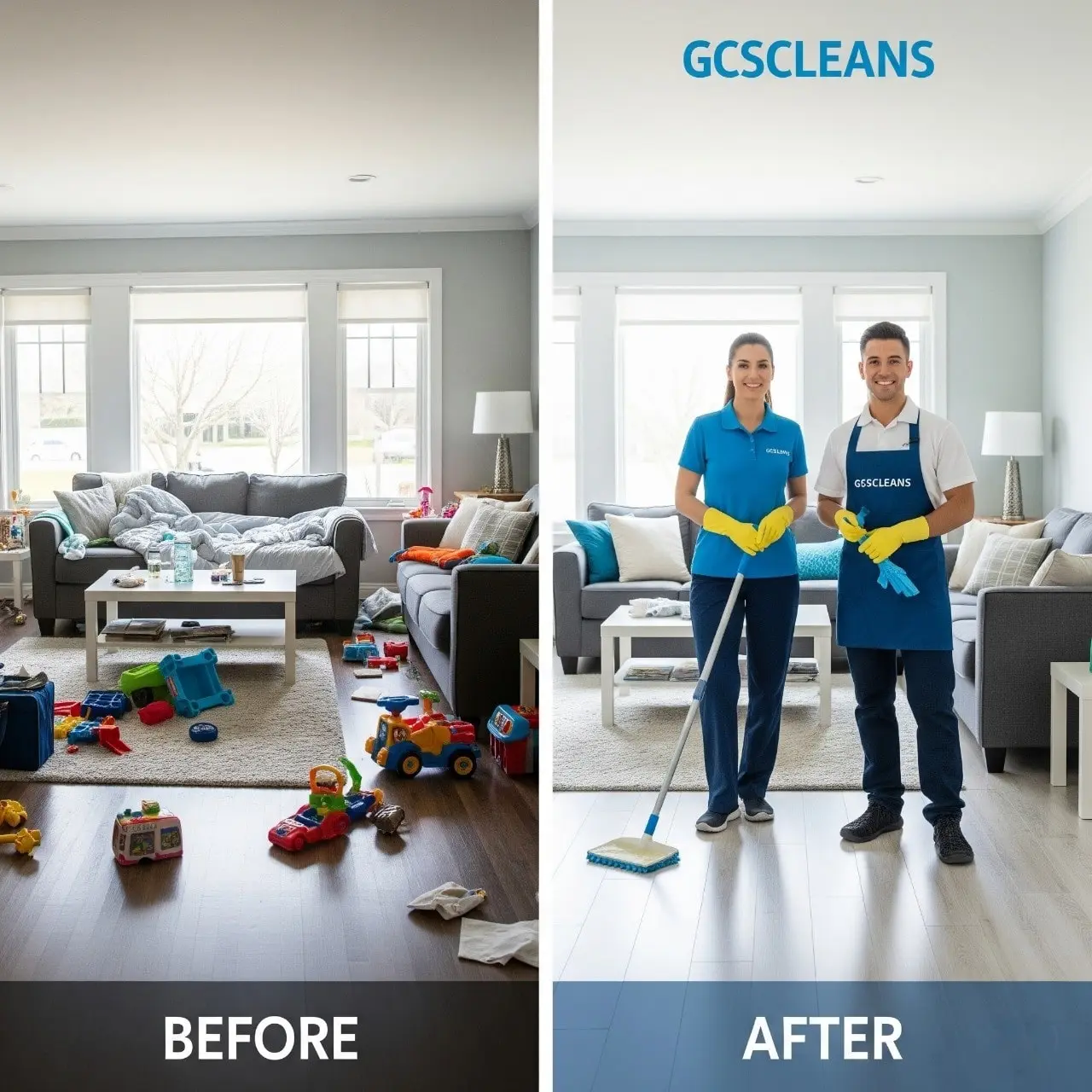 Before and after Lexington house cleaning service work images showing a messy room transformed into a clean one