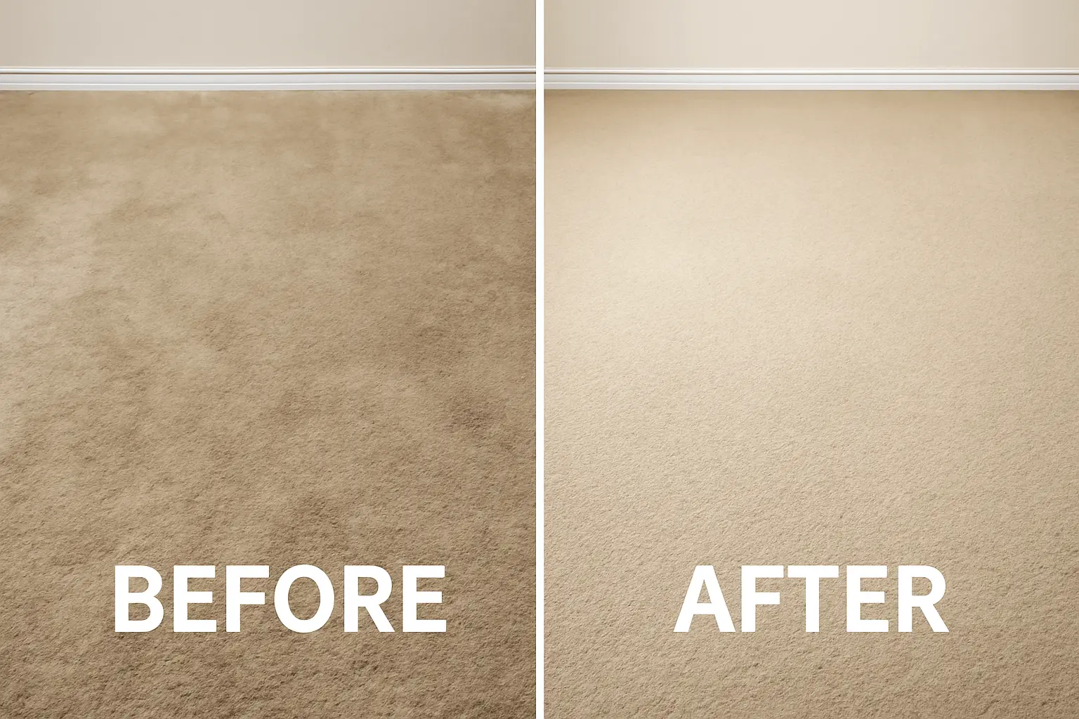 Before and after cleaning images showing the transformation of a dirty carpet to a fresh, clean carpet