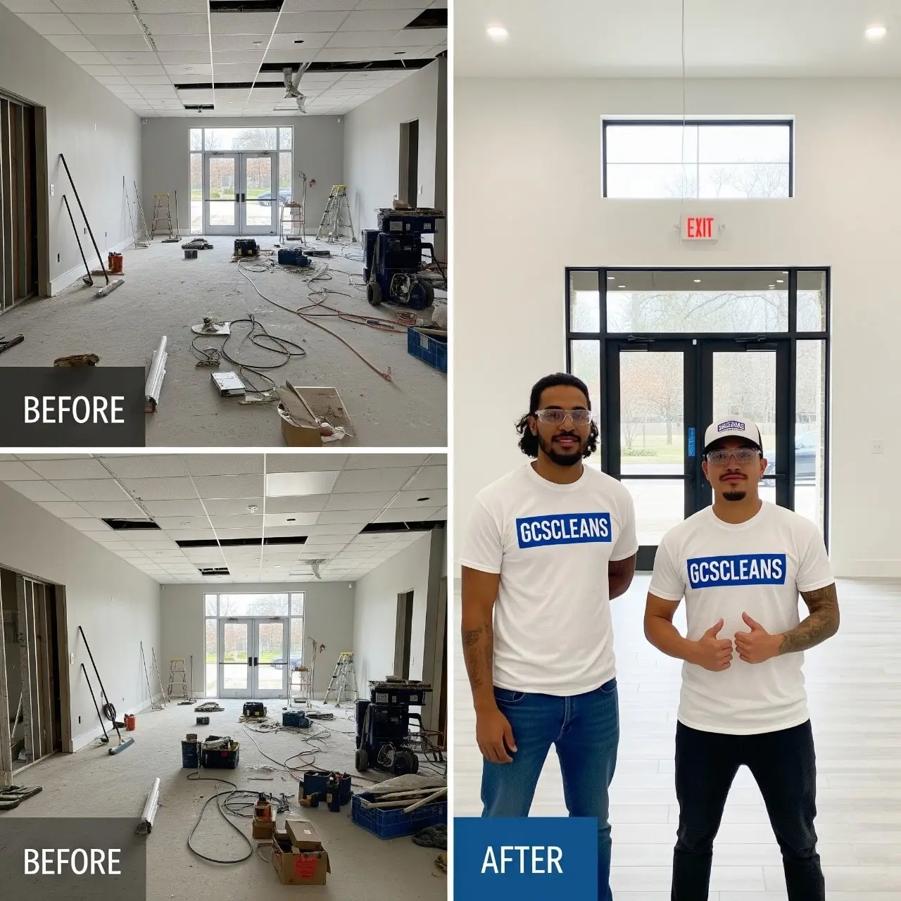 Before and after comparison of a construction site or newly built space cleaned thoroughly