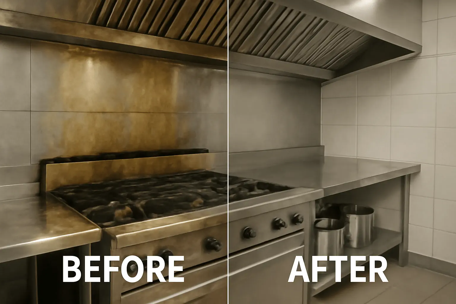 Before and after comparison of a kitchen cleaned thoroughly with no grease buildup