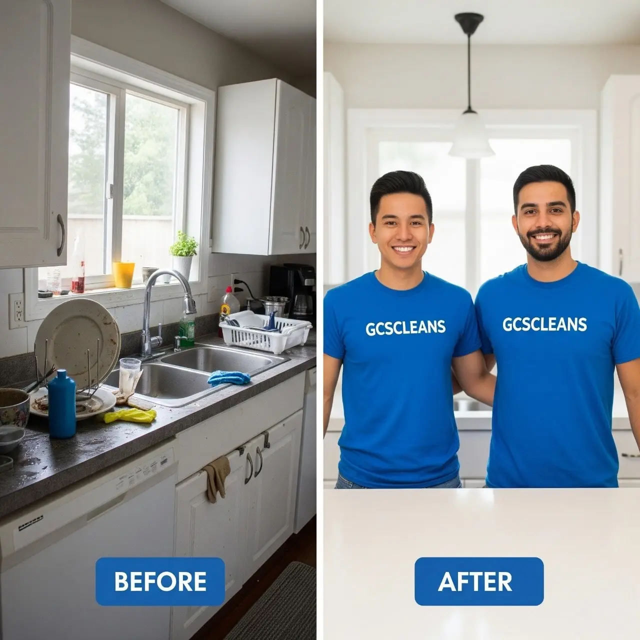 Before and after comparison showing a kitchen with grease buildup transformed into a spotless kitchen