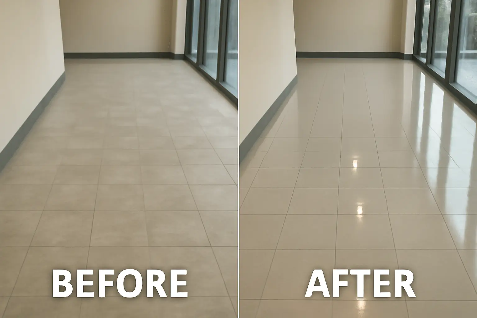 Before and after images of a floor being stripped and waxed, showing the dramatic difference