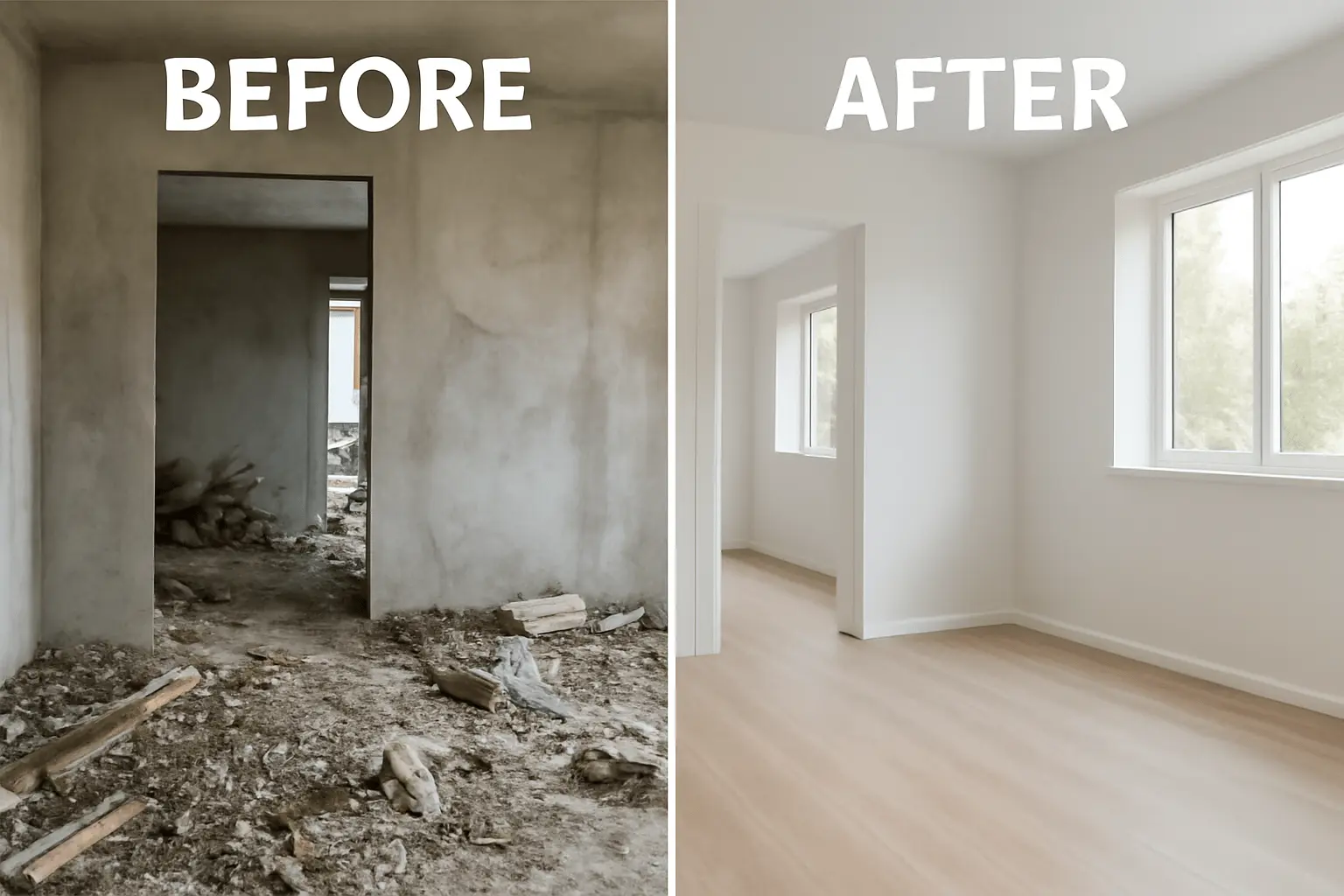 Before and after images showing the difference between a construction site and a cleaned property