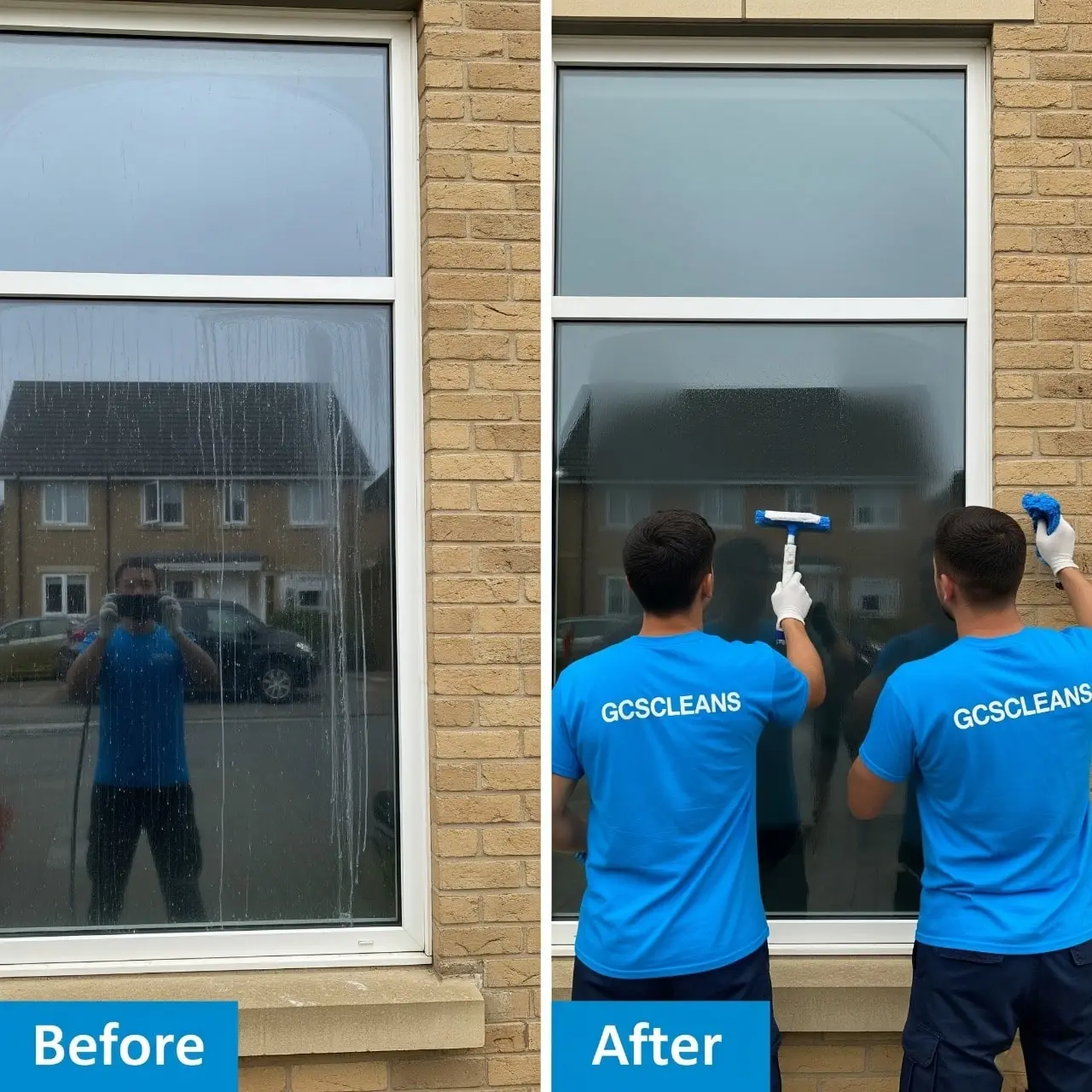 Before and after images showing the difference in window cleanliness and clarity