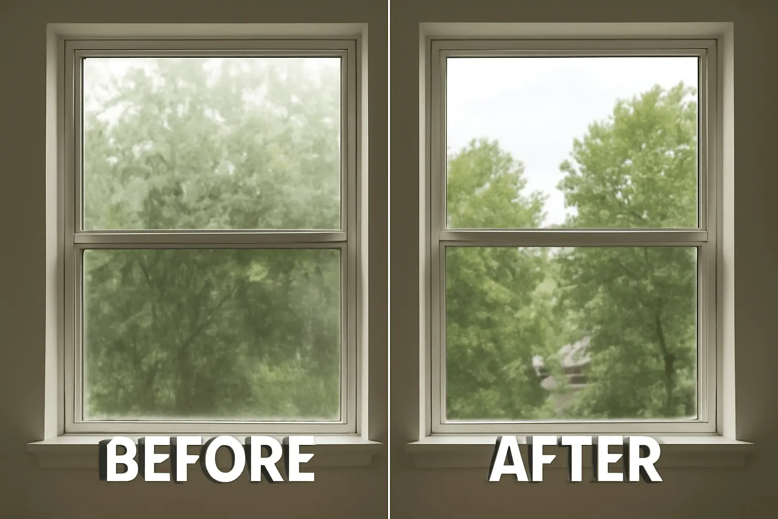 GCSCLEANS Before and after comparison showing dirty windows transformed into clean, streak-free windows