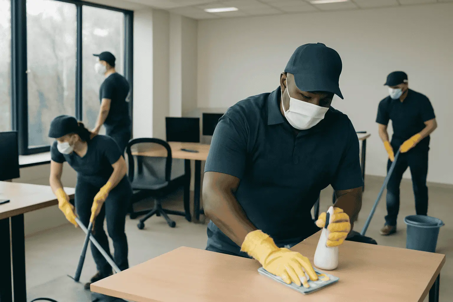 GCSCleans Cleaning professionals vacuuming and wiping down surfaces in an office environment