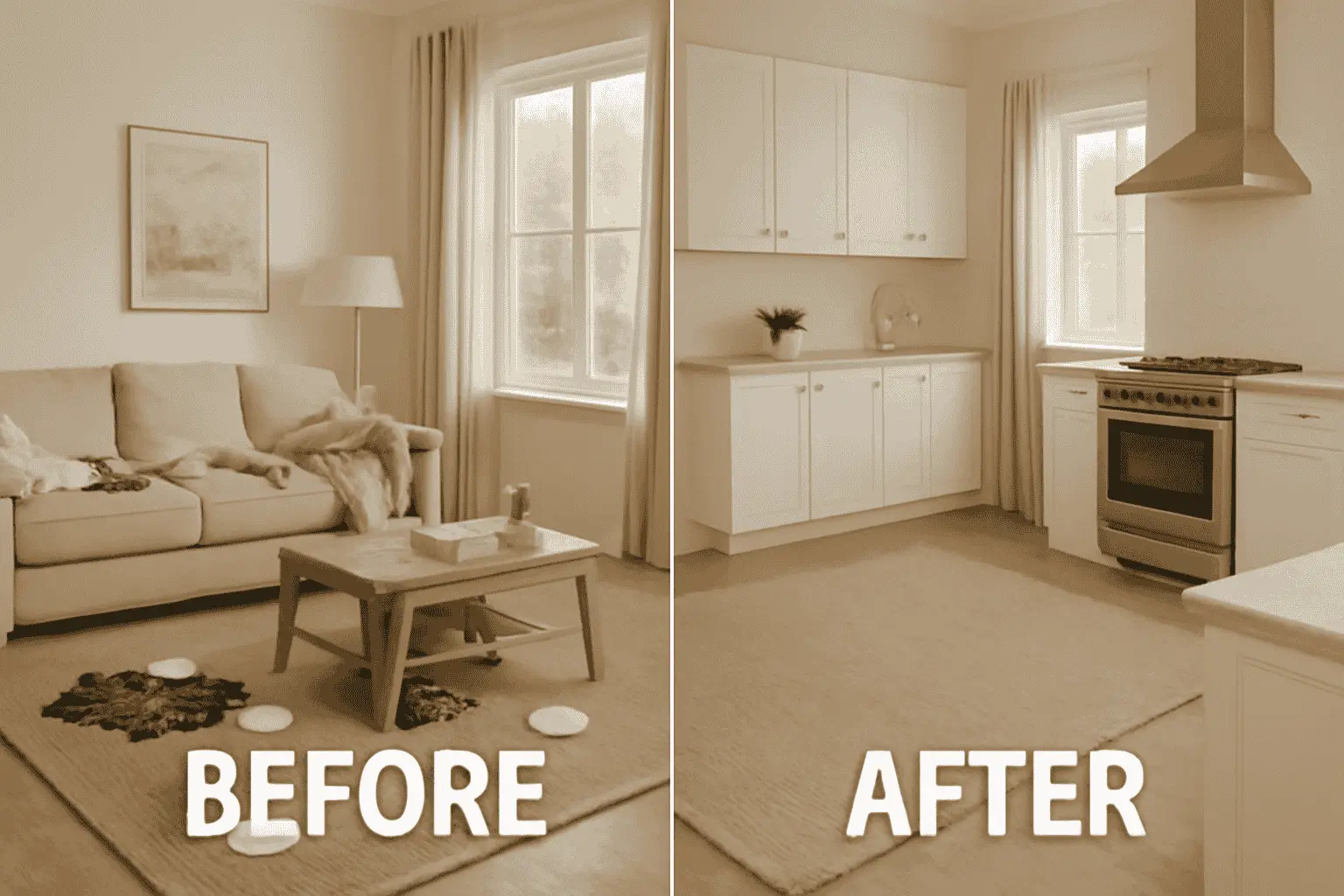 GCSCleans house cleaning services Columbia SC Before and after images of a messy vs. cleaned home space