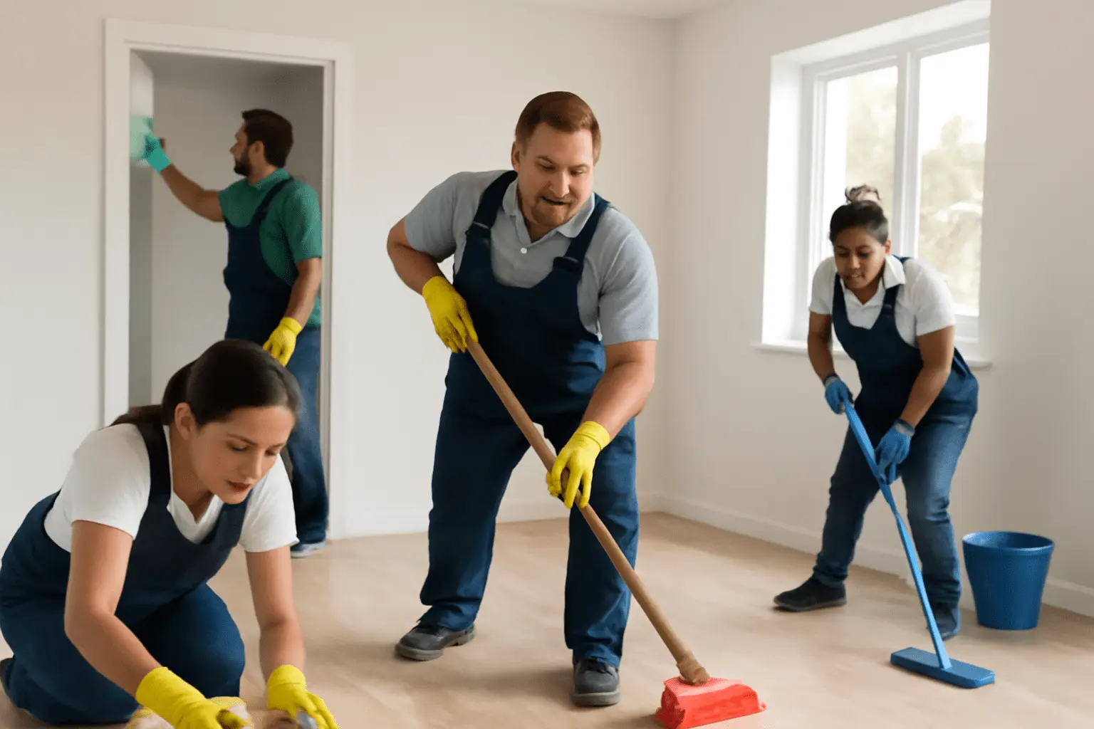 Professional Columbia post construction cleaners wiping down walls and cleaning floors in a newly renovated space