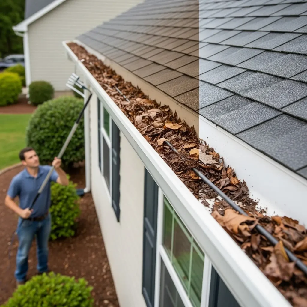 Before and After photo for How to Clean House Gutters Without a Ladder working photo
