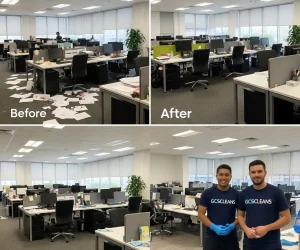 A Before and after comparison showing a messy office transformed into a clean workspace