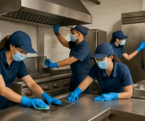 A Columbia Kitchen Cleaning team scrubbing kitchen appliances in a commercial kitchen