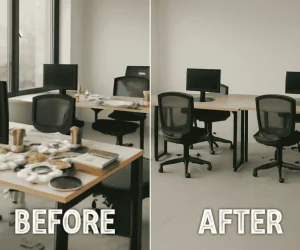 A Commercial Office Cleaning Services Columbia SC Before and after images showing a cluttered office transformed into a clean, organized workspace A Commercial Office Cleaning Services Columbia SC Before and after images showing a cluttered office transformed into a clean, organized workspace