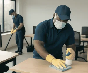 A Commercial Office Cleaning Services Columbia SC team tidying up an office space, cleaning desks, floors, and windows