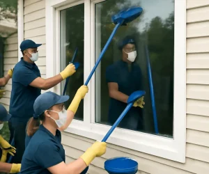 A Window Glass cleaning Services Columbia SC team washing windows on a building or home exterior