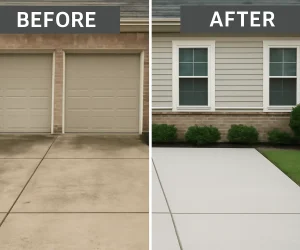 A before and after image showing the improvement in the cleanliness of a driveway or home exterior after pressure washing A before and after image showing the improvement in the cleanliness of a driveway or home exterior after pressure washing