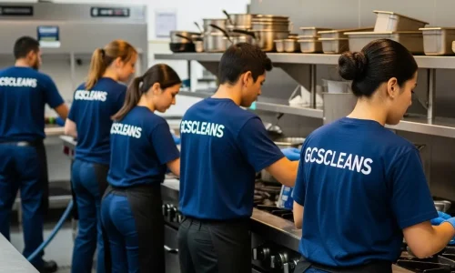 A professional Kitchen Cleaning Services Lexington team working in a commercial kitchen, cleaning the stove or hood