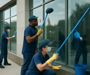 A professional Window Glass Cleaning Services Columbia SC team cleaning exterior windows of a commercial building A professional Window Glass Cleaning Services Columbia SC team cleaning exterior windows of a commercial building