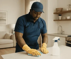 A professional house cleaning services Columbia SC cleaner working in a living room or kitchen in a residential setting