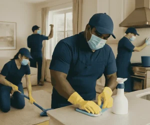 A team of professional Columbia house cleaners working in a home cleaning various spaces like the kitchen and living room