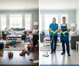 Before and after Lexington house cleaning service work images showing a messy room transformed into a clean one