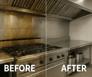 Before and after comparison of a kitchen cleaned thoroughly with no grease buildup Before and after comparison of a kitchen cleaned thoroughly with no grease buildup