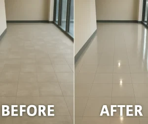 Before and after images of a floor being stripped and waxed, showing the dramatic difference Before and after images of a floor being stripped and waxed, showing the dramatic difference