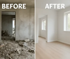 Before and after images showing the difference between a construction site and a cleaned property Before and after images showing the difference between a construction site and a cleaned property