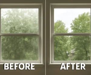 GCSCLEANS Before and after comparison showing dirty windows transformed into clean, streak-free windows GCSCLEANS Before and after comparison showing dirty windows transformed into clean, streak-free windows