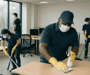 GCSCleans Cleaning professionals vacuuming and wiping down surfaces in an office environment