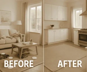 GCSCleans house cleaning services Columbia SC Before and after images of a messy vs. cleaned home space GCSCleans house cleaning services Columbia SC Before and after images of a messy vs. cleaned home space
